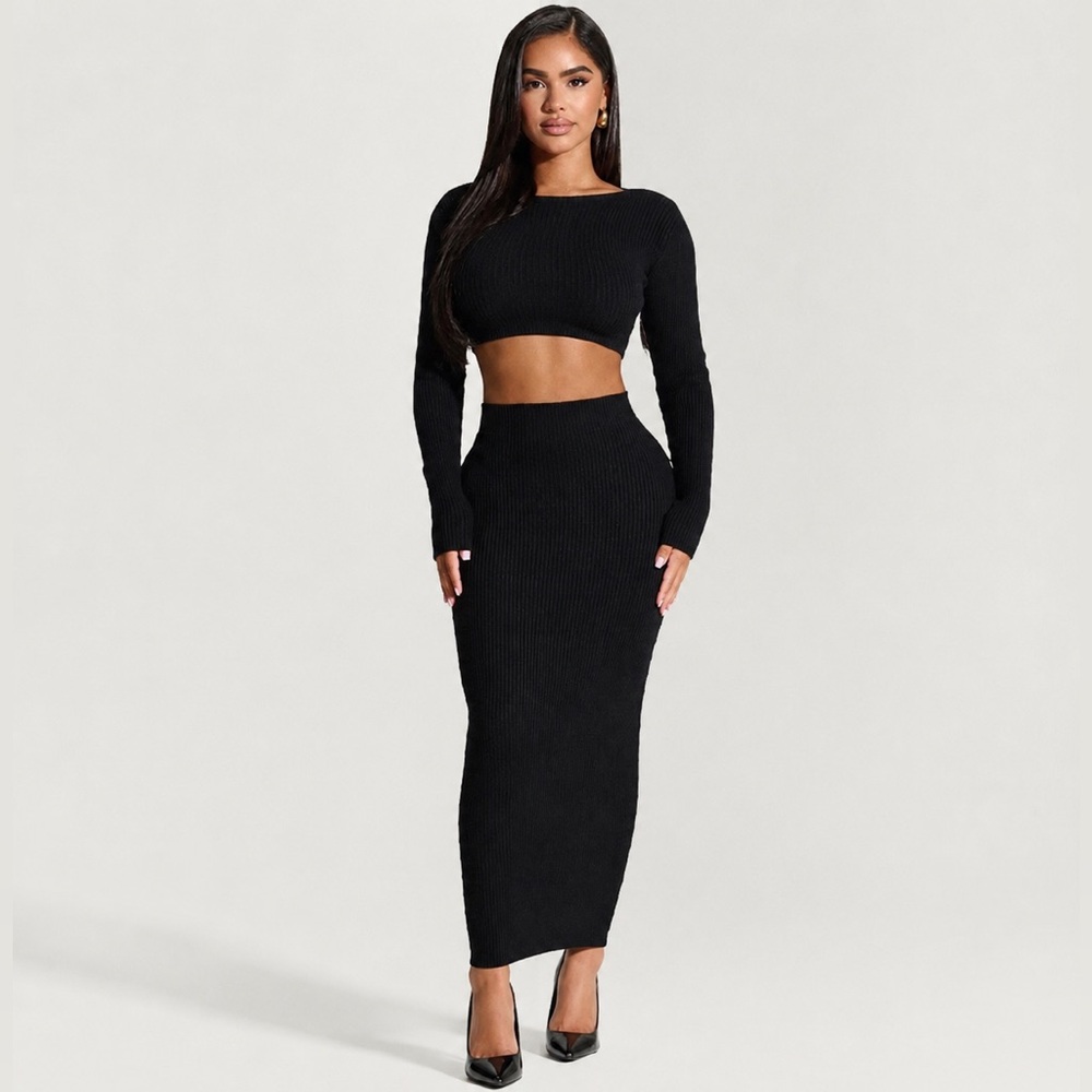 Naked Wardrobe The Knit Crop Top & Knit Body Midi Skirt Set